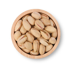 Dry Roasted and Sea Salted Pistachios. roasted green pistachio nuts snack in wooden bowl with white background