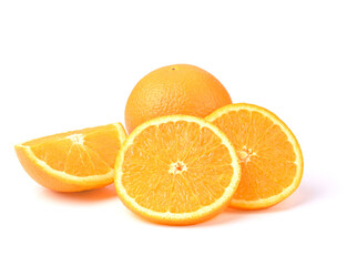 Orange fruit whole and half and slice on white background