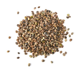 Heap of hemp seeds on white background.