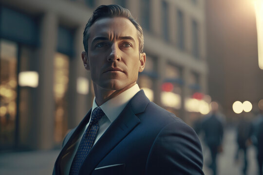 Portrait of a caucasian business man with suit, smart, and confident expression against outside modern  office building with lens flare, sun beams of light. head  shot, movie scene. generative ai