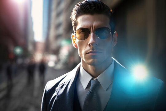 Portrait of a caucasian business man with suit, smart, and confident expression against outside modern  office building with lens flare, sun beams of light. head  shot, movie scene. generative ai