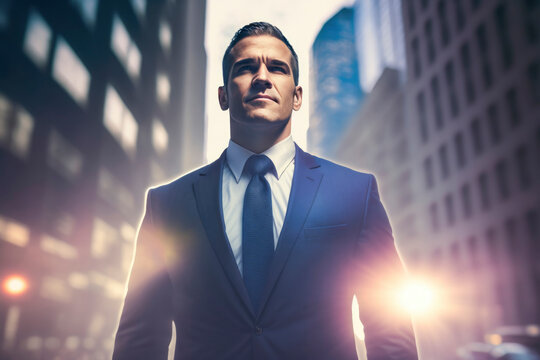 Portrait of a caucasian business man with suit, smart, and confident expression against outside modern  office building with lens flare, sun beams of light. head  shot, movie scene. generative ai