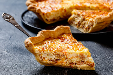 quiche with cheese and bacon filling, top view