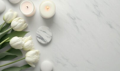 Lit Candles and white tulips on marble table Generative AI