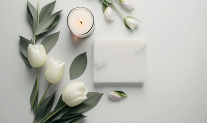 Beautiful bouquet of tulips and romantic candles with white gradient background Generative AI