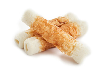 Chikuwa Takebue bake fish cake japanese food isolated on white background. Chikuwa Takebue bake fish cake japanese food isolated. Chikuwa Takebue bake fish cake japanese isolated                  