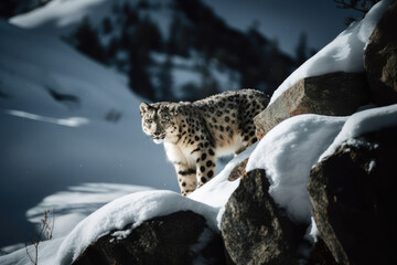 Snow leopard in the snow covered mountains, generative AI - obrazy, fototapety, plakaty