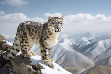Snow leopard in the snow covered mountains, generative AI