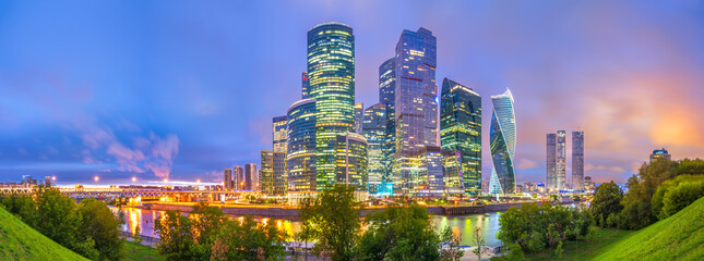 Moscow city at summer night. Modern skyscrapers in Moscow-city downtown. Moscow, Russia