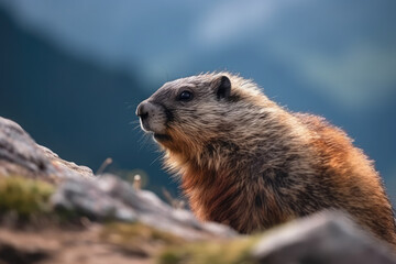 Naklejka na ściany i meble Wild marmot in its natural environment of mountains, generative AI