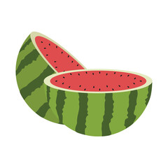 Fresh and juicy whole watermelons and slices illustration. Cartoon fresh green open watermelon. Cartoon fresh green open watermelon half, bites, slices, and triangles.