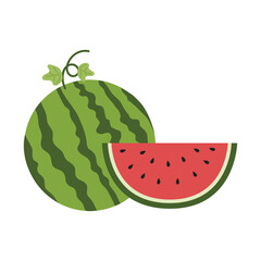 Fresh and juicy whole watermelons and slices illustration. Cartoon fresh green open watermelon. Cartoon fresh green open watermelon half, bites, slices, and triangles.