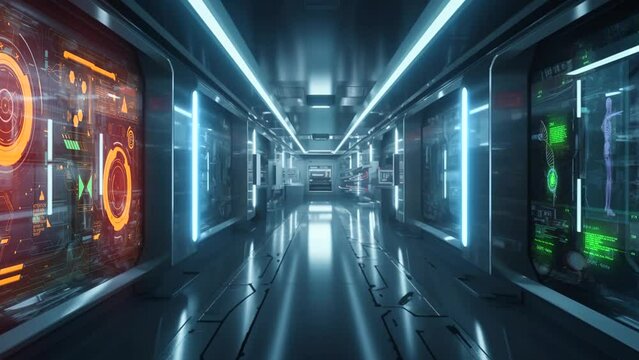 Long corridor in futuristic laboratory with digital screens and neon lights.