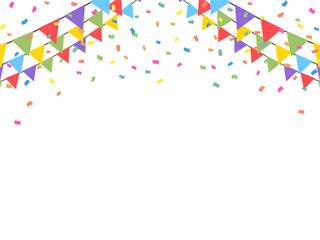 Celebrate hanging triangular garlands with confetti. Colorful perspective flags party isolated on white background. Birthday, Christmas, anniversary, and festival fair concept. Vector illustration.