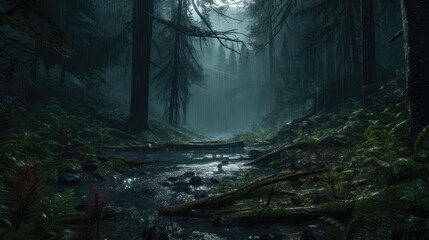 Fototapeta premium Dense Raining Forest Landscape With Puddle Wallpaper Generated AI