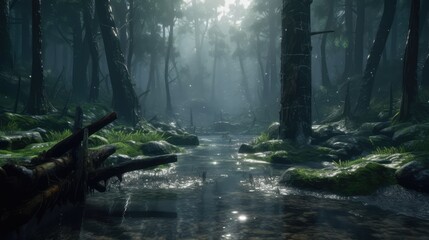 Fototapeta premium Dense Raining Forest Landscape With Puddle Wallpaper Generated AI