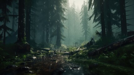 Naklejka premium Dense Raining Forest Landscape With Puddle Wallpaper Generated AI