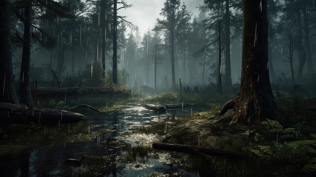 Dense Raining Forest Landscape With Puddle Wallpaper Generated AI
