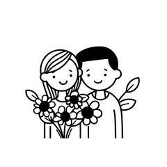 Couple holding flowers vector illustration isolated on transparent background