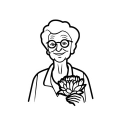 Old woman holding flower vector illustration isolated on transparent background