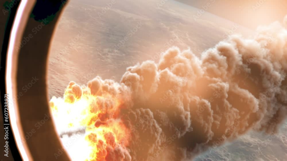 Wall mural large burning asteroids over earth atmosphere, shuttle window view cinematic view of meteors asteroi