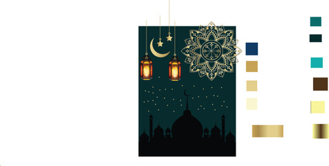 Ramadan Kareem, Eid Mubarak Vector Illustration. Suitable for greeting cards, posters, and banners. Islamic lantern on moon and stars background. Vector illustration.