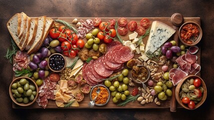 A Savoury Charcuterie Board Covered in Meats Olives Generative AI
