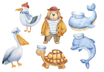 Cute sailor bear dressed in vest, hat and yellow fishing jacket. Pelican, dolphin and whale. Funny watercolor illustration of childish characters set isolated on white background - obrazy, fototapety, plakaty
