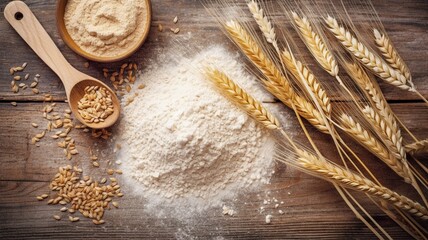 Wheat flour with scoop and wheat ears on kitchen board Generative AI