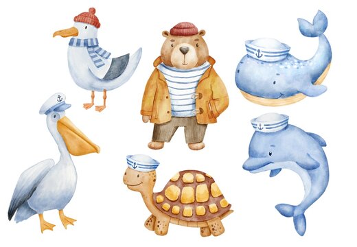 Cute sailor bear dressed in vest, hat and yellow fishing jacket. Pelican, dolphin and whale. Funny watercolor illustration of childish characters set isolated on white background