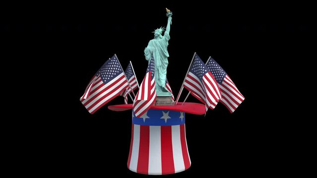 Statue of liberty and USA flags in hat – 3d render looped with alpha channel.