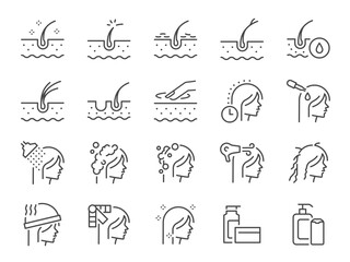 Hair care icon set. It included shampoo, scalp, conditioner, hair treatment, washing and more icons. Editable Stroke.
