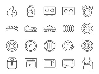 Cooker and flame icon set. It included fire, stoves, cooking hobs, hob, microwave and more icons. Editable Stroke.
- 607241185