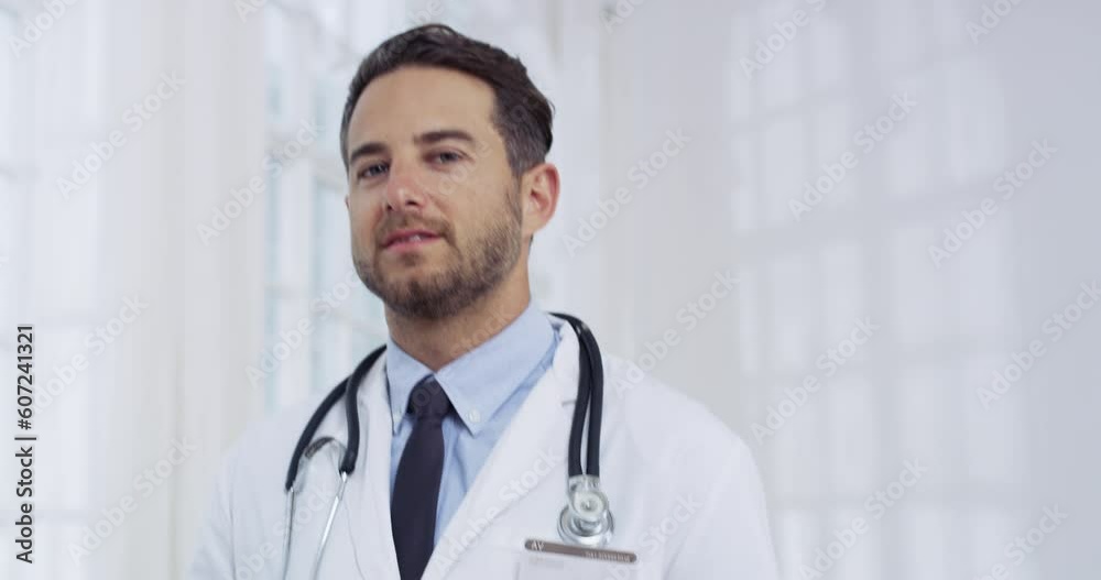 Wall mural Walking, smile and face of a doctor at hospital for healthcare, surgery or medical attention. Happy, professional and portrait of male clinic worker ready to start working in cardiology or medic job