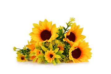 Bouquet of fake sunflowers on white background