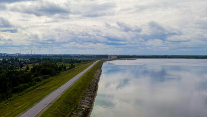 Fototapeta na wymiar Rybinsk, Russia. Aerial view of the Rybinsk hydroelectric power plant, Aerial View