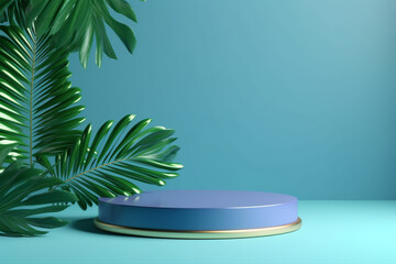 Fototapeta na wymiar Minimal cosmetic background for product presentation. Gradient color podium and green palm leaf on blue background. 3d render illustration