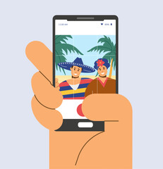 Vector illustration of mobile phone in hand with picture of Mexican couple in national costumes, pancho on background of palms