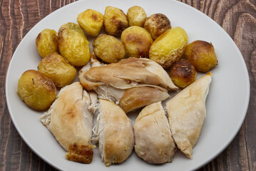 Roasted baked chicken and potatoes on white dish.
