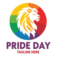 A colorful logo for pride day with a lion head in the center.