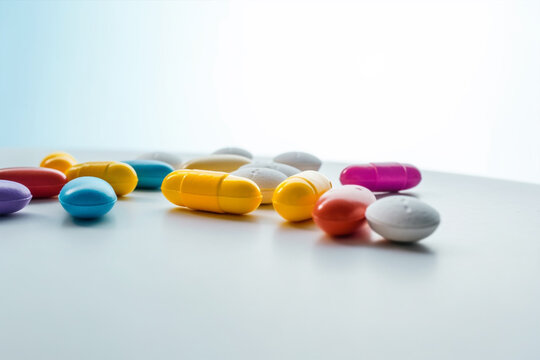 Pills on white table aesthetic colors studio photography photo-realistic