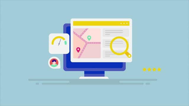 Geo map showing local business address with pointer on webpage with customer feedback, SEO optimization concept, search engine marketing video animation.