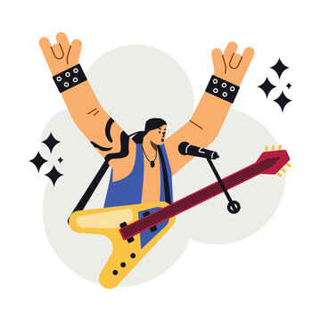 Vector isolated illustration of popular Rock band artist with guitar raised his hands up in disproportionate characters.