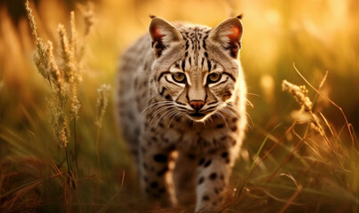 photo of ocelot sneaking quietly in tall grass at sunset. Generative AI