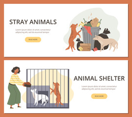 Rehabilitation or adoption shelter for stray dogs banners, vector illustration.