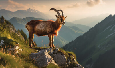 Photo of Oberhasli goat, gracefully perched on a rocky ledge overlooking a picturesque alpine meadow. image showcases the goat's distinct markings, elegant horns, and alert expression, Generative AI