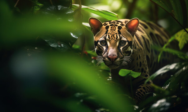 Photo of ocelot, gracefully prowling through a lush, tropical rainforest in its natural habitat. image showcases the ocelot's sleek fur, piercing eyes, and agile movements. Generative AI