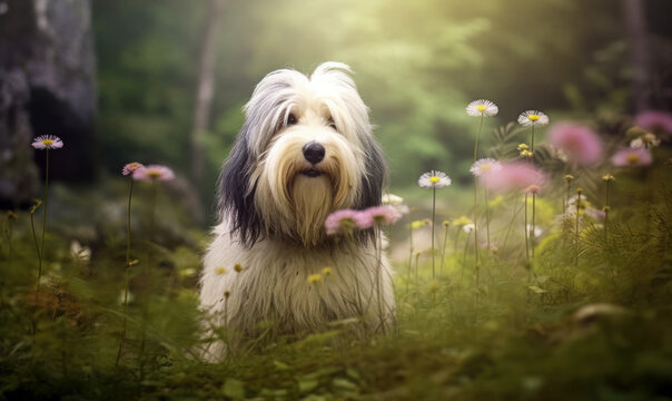 photo of Old English sheepdog standing on a green meadow with forest in the background. Generative AI