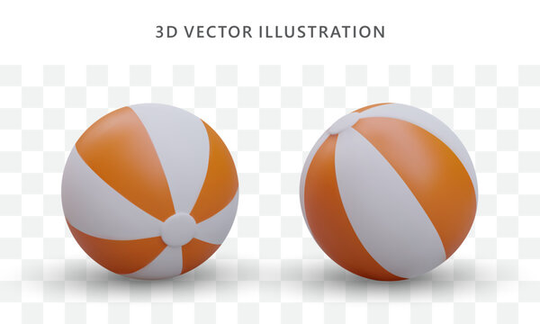 Set of 3d render realistic beach ball in different positions. Colored symbols of toys for selling company. Cartoon vector illustration in orange and white colors