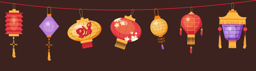 Obraz premium Bright colorful different Chinese lanterns hanging on rope flat style